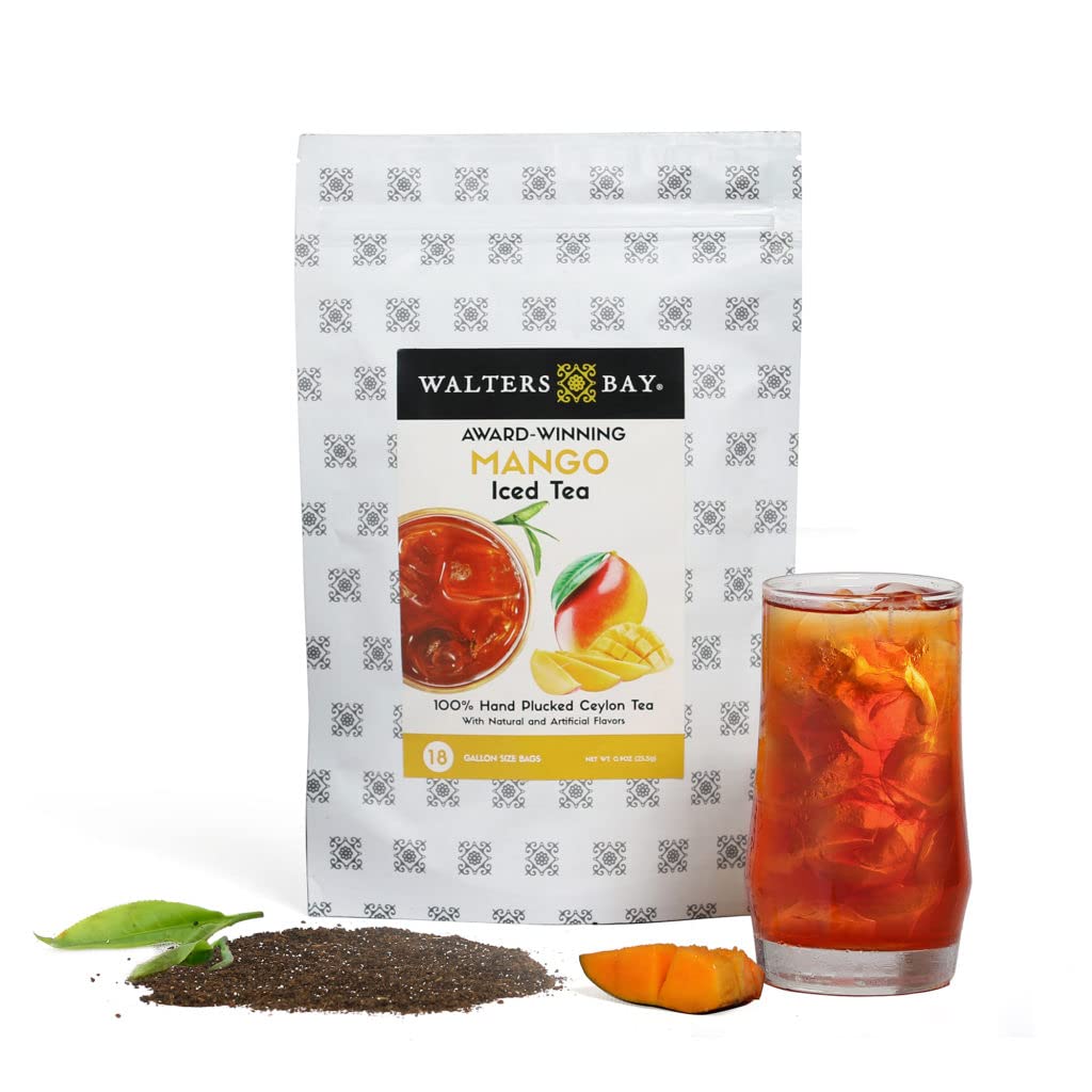 Walters Bay Bolsas de té helado de mango, 18 unidades, bolsas de té de tamaño de galón, té de Ceilán al por mayor, sin azúcar, delicioso sabor a