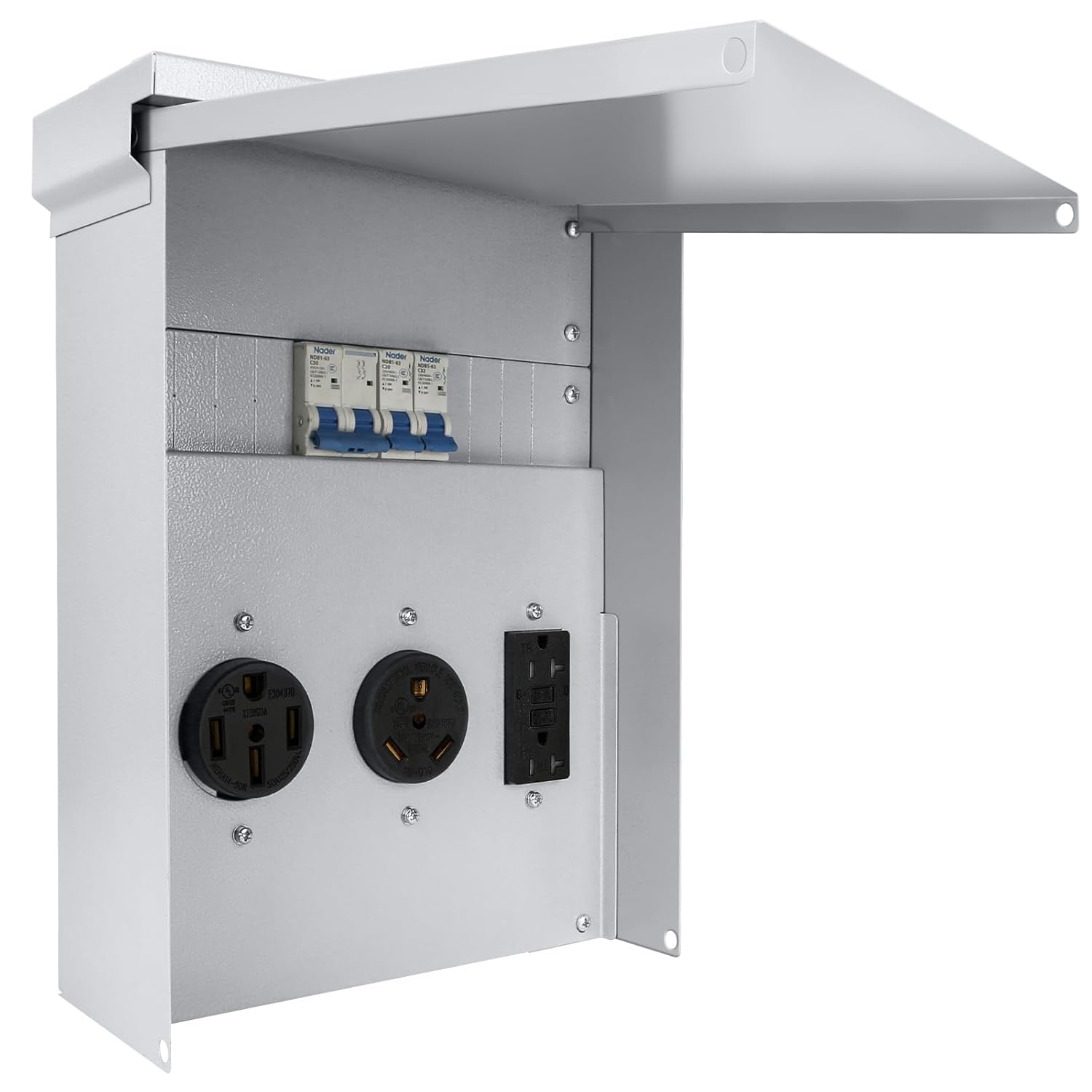 Panel de toma de corriente temporal, 20, 30, Receptáculo de caja de interruptor eléctrico con pedestal de 50 amperios RV con disyuntor, precableado