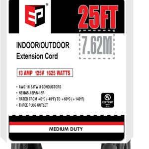 EP Cable de extensión para exteriores de 25 pies con 3 tomas de corriente eléctrica, cable negro SJTW de 163 con enchufe a tierra de 3 clavijas para EP Cable de extensión para exteriores de 25 pies con 3 tomas de corriente eléctrica, cable negro SJTW de 163 con enchufe a tierra de 3 clavijas para