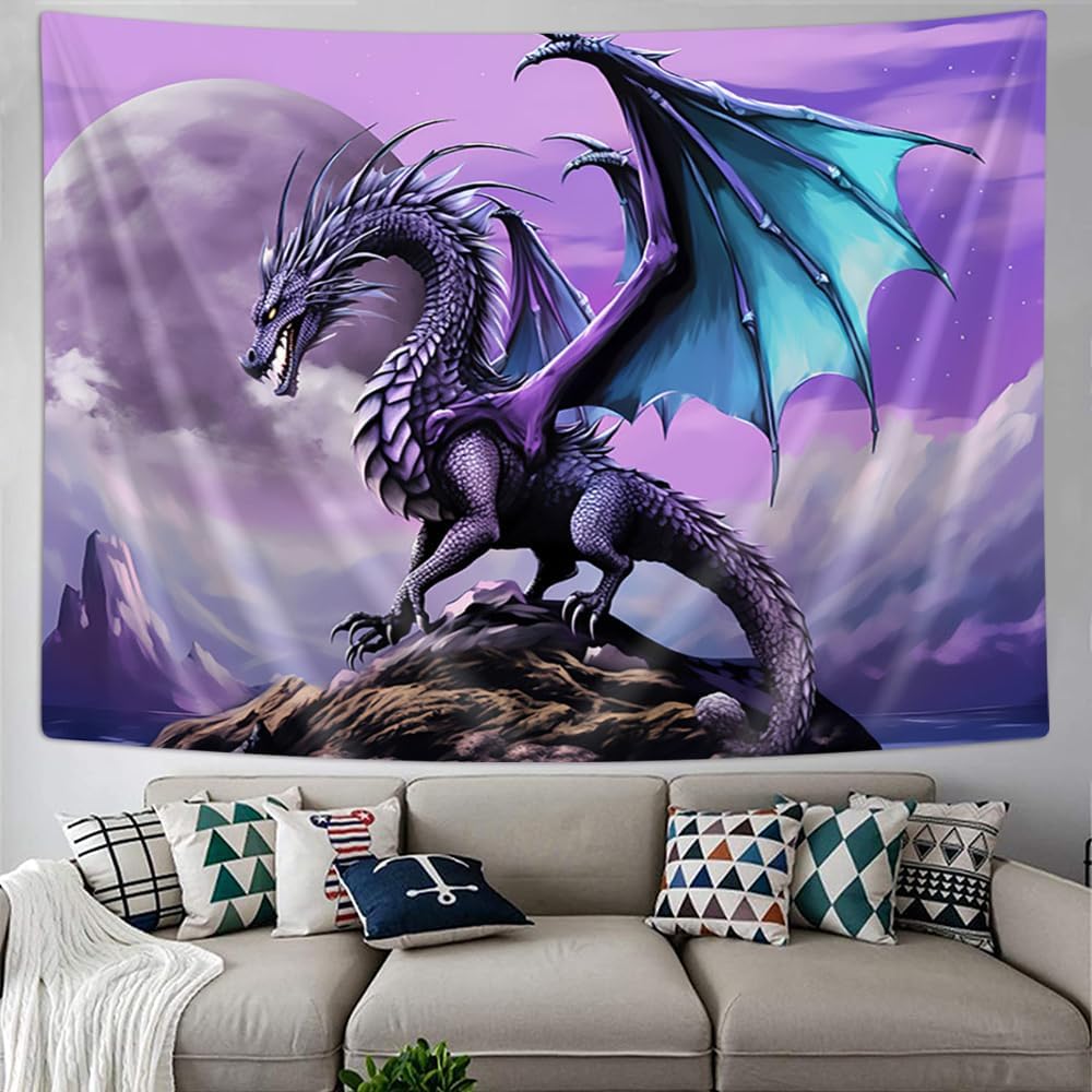 Tapiz de dragón púrpura Trippy, diseño de dragón psicodélico de la luna gótica anime en la montaña hippie Art Tapiz para dormitorio estético, tapiz