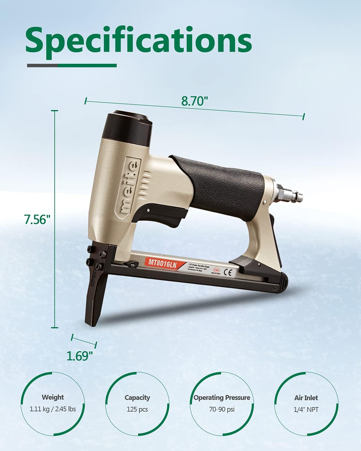 meite MT8016LN – Grapadora neumática para tapicería, calibre 21, serie 80, corona de 12 pulgada, 14 a 58 pulgadas de longitud, pistola grapadora de