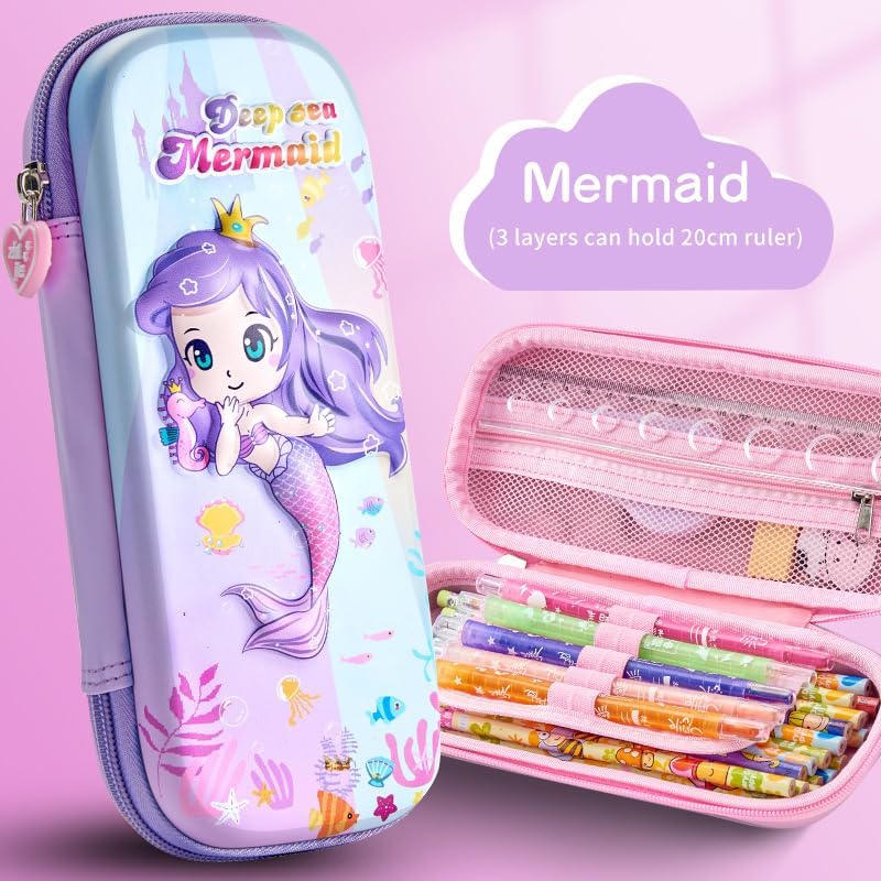 Estuche para lápices 3D para niños, resistente al agua, con compartimentos, estuche para bolígrafos (sirena de pelo morado)
