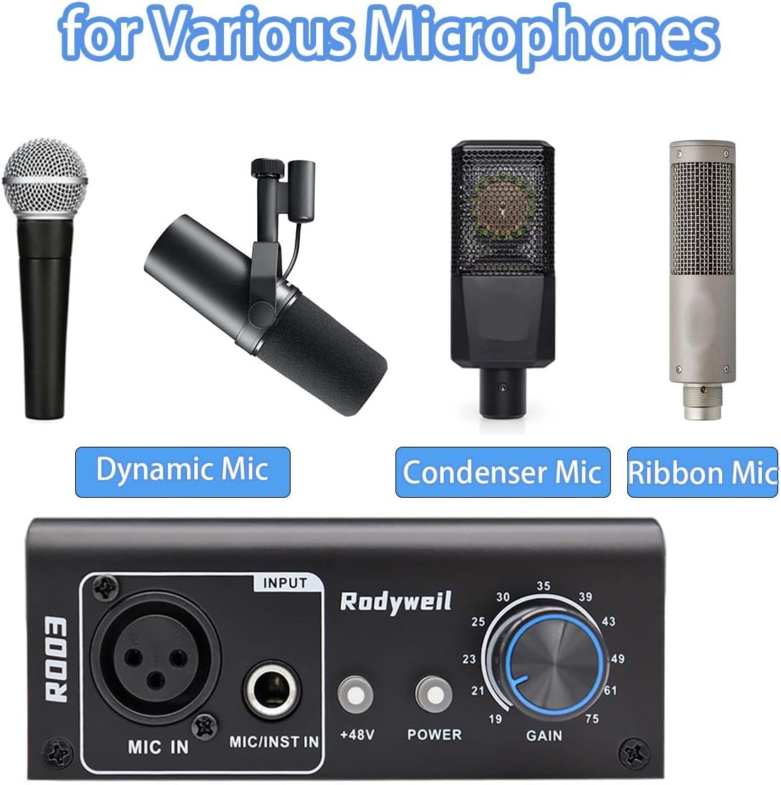 Micrófono Preamplificador Mic Gain Booster con 2 Entradas Max 75db Ganancia 48V Phantom Power para micrófono dinámico y condensador