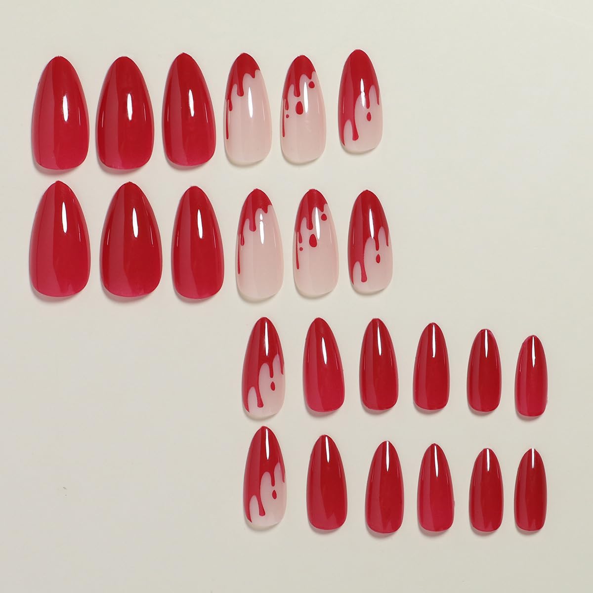 LPOONNDU – Uñas a presión de Halloween con forma de almendra, uñas postizas medianas de Halloween, color rojo brillante para mujeres, juego de 24