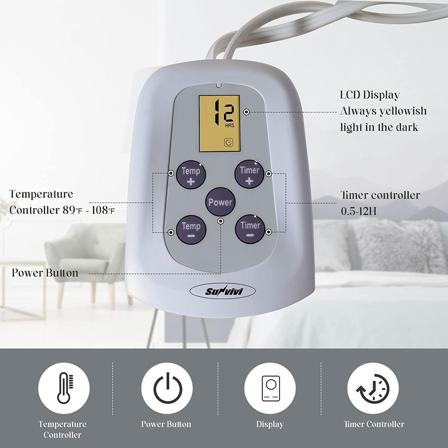 Sunvivi Manta térmica tamaño Queen, manta eléctrica de calefacción con doble control, terciopelo suave, 10 ajustes de calor, 12 horas de apagado