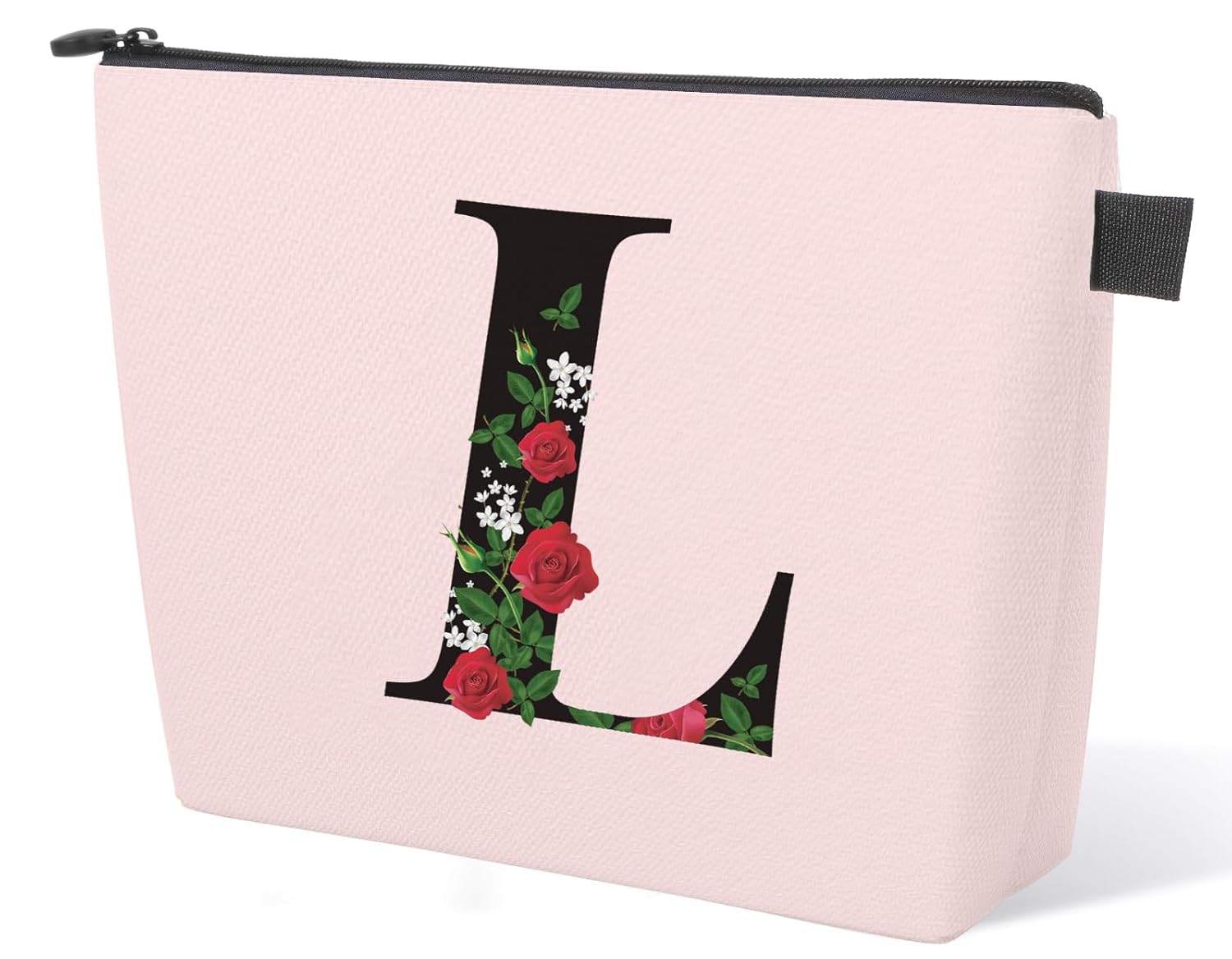 Bolsa de maquillaje con letra L inicial para mujeres y niñas, bolsa de cosméticos con monograma rosa, bolsa de aseo personalizada, regalo del día de