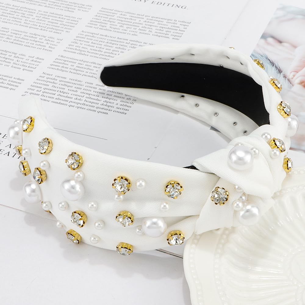 Atoden Diademas anudadas blancas con diamantes de imitación de perlas para mujer, diademas anchas con nudo superior con cuentas, bandas de cabeza