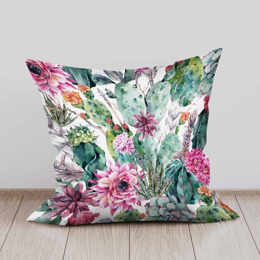 Beabes Fundas de almohada bohemias en acuarela, cactus, flores, ramitas, plumas, flechas, hojas verdes, fundas de almohada decorativas, 2 juegos