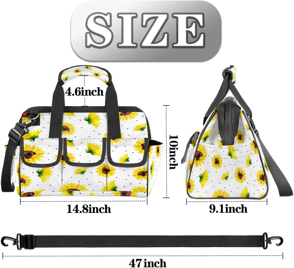Bolsa de herramientas con patrón de girasol para mujer, organizador de bolsa de herramientas con bolsillos para correa de hombro, duradera, para