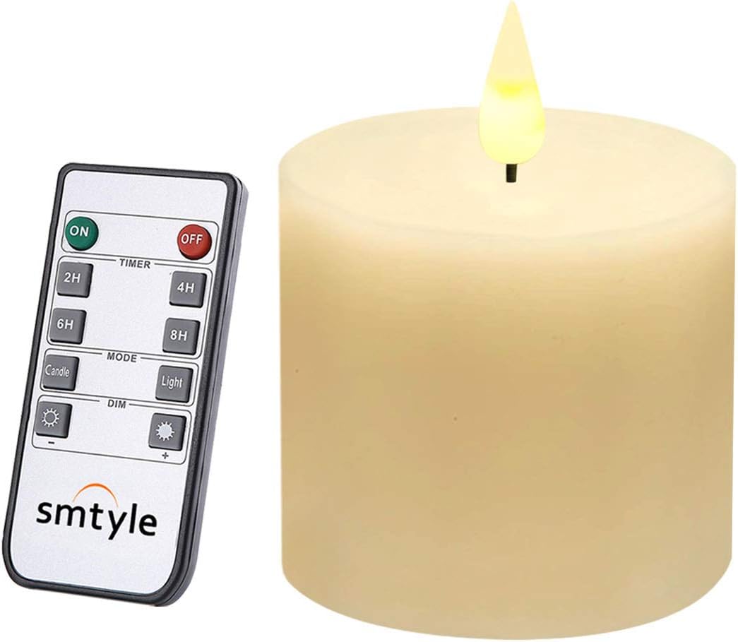 smtyle Vela sin llama con pilar de cera real de 3 x 3 pulgadas con control remoto de 10 teclas y sincronización de ciclismo marfil