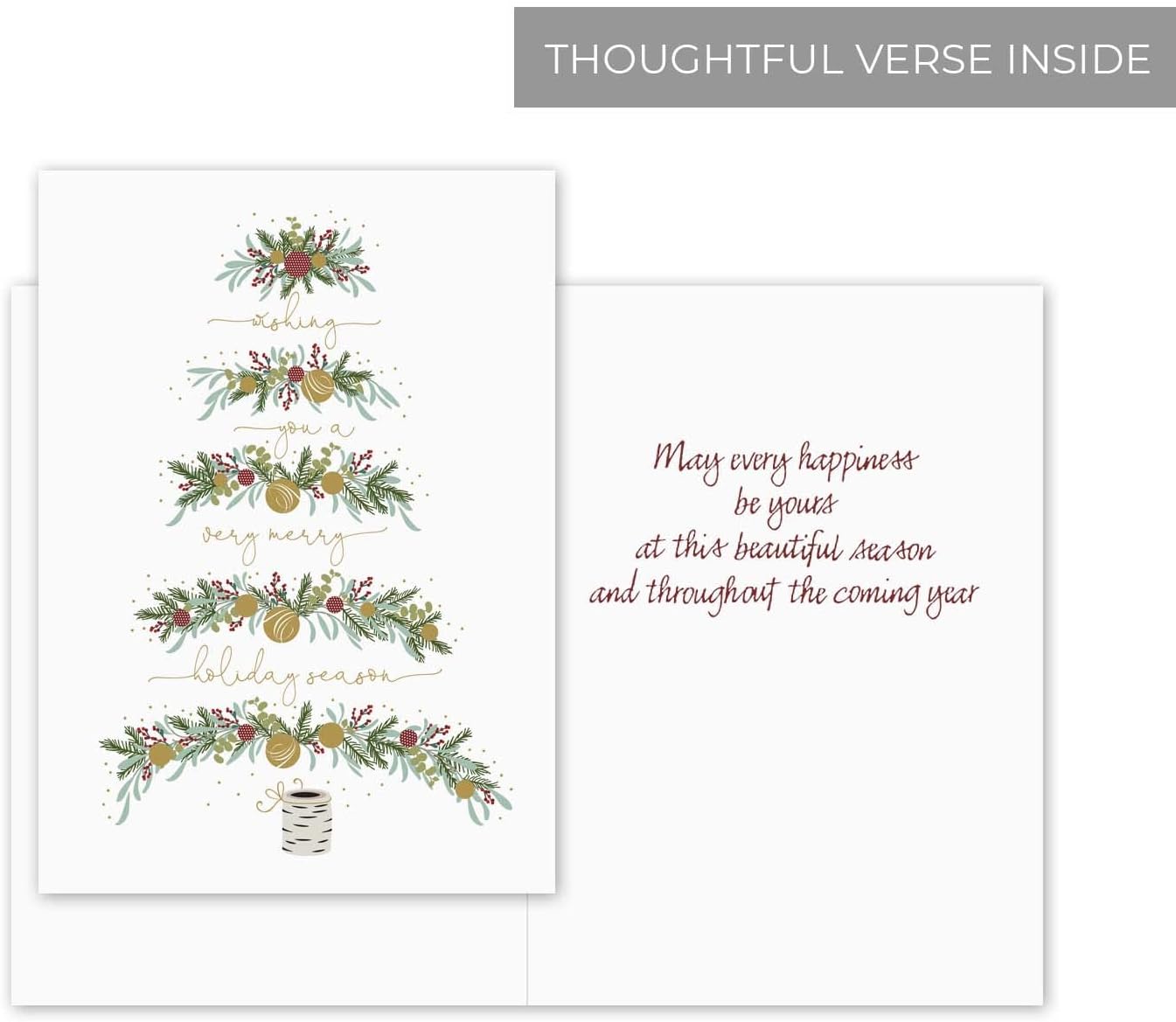 Between The Branches – Tarjetas navideñas de papel de aluminio dorado, 16 tarjetas de Navidad en caja con sobres forrados de aluminio, tarjetas de