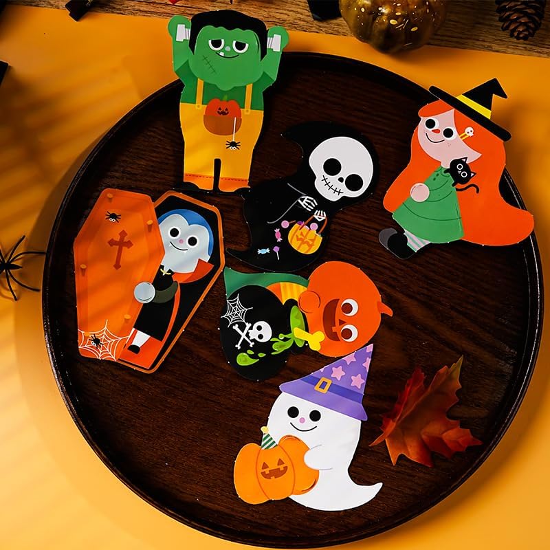 Juego de decoración de dulces de Halloween, 60 bolsas de truco o trato en 3 estilos, 10 tarjetas de papel con bonitas piruletas de estilo de dibujos