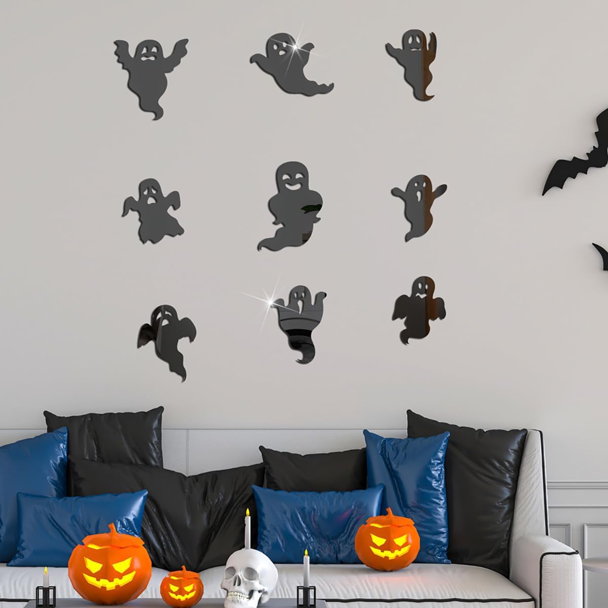 Decoración de pared de fantasma de Halloween, 9 piezas, decoración de pared de fantasma blanco, calcomanías de pared de fantasma blanco, espejo