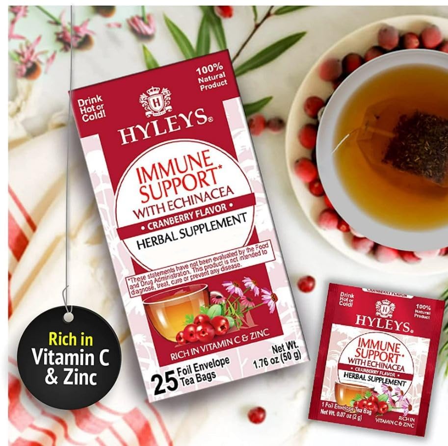 Hyleys – Té de inmunidad con sabor a arándano y equinácea, 25 bolsas de té (paquete de 1), apoya tu sistema inmunológico