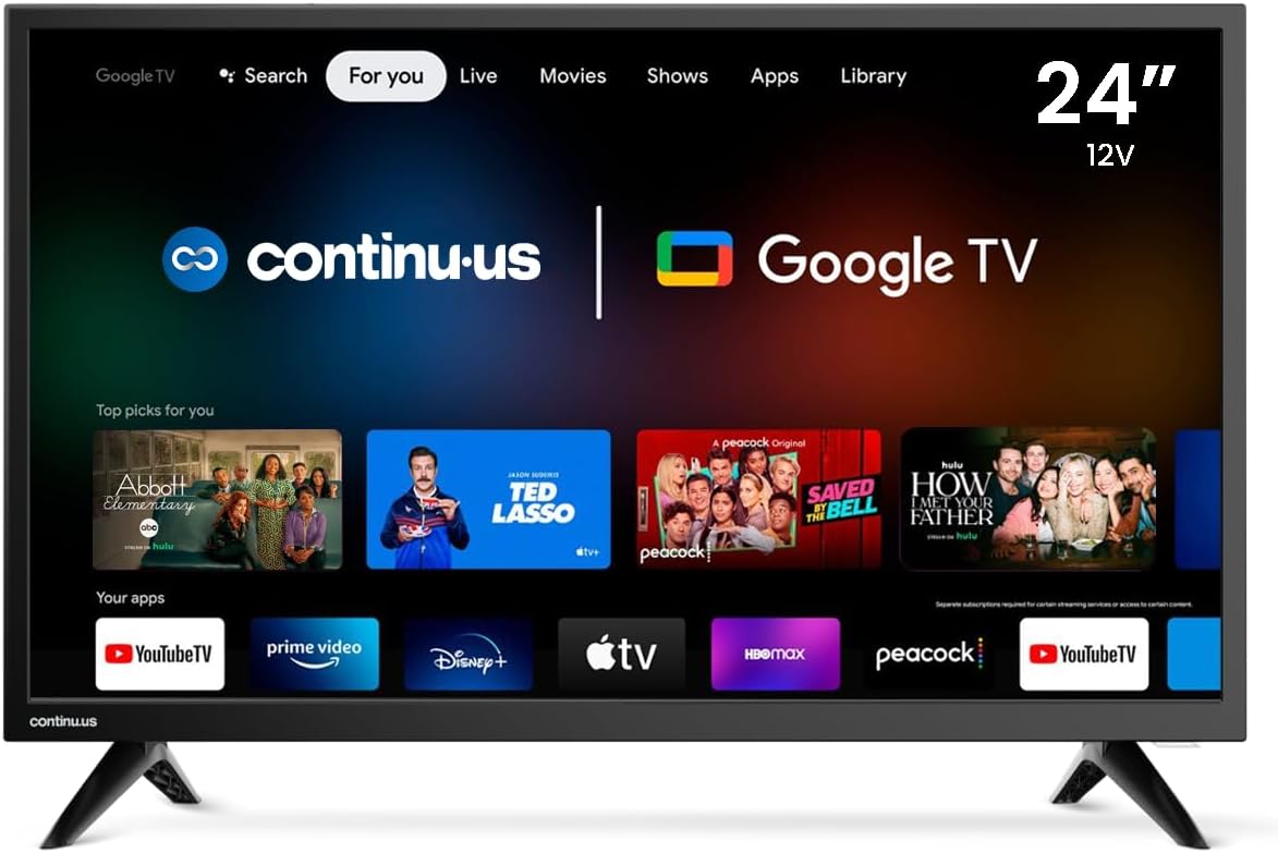 Continu.us – Televisión inteligente de 12 V RV de 24 pulgadas  720p Android Google 12 Volt TV con Google Assistant, Chromecast y aplicaciones de