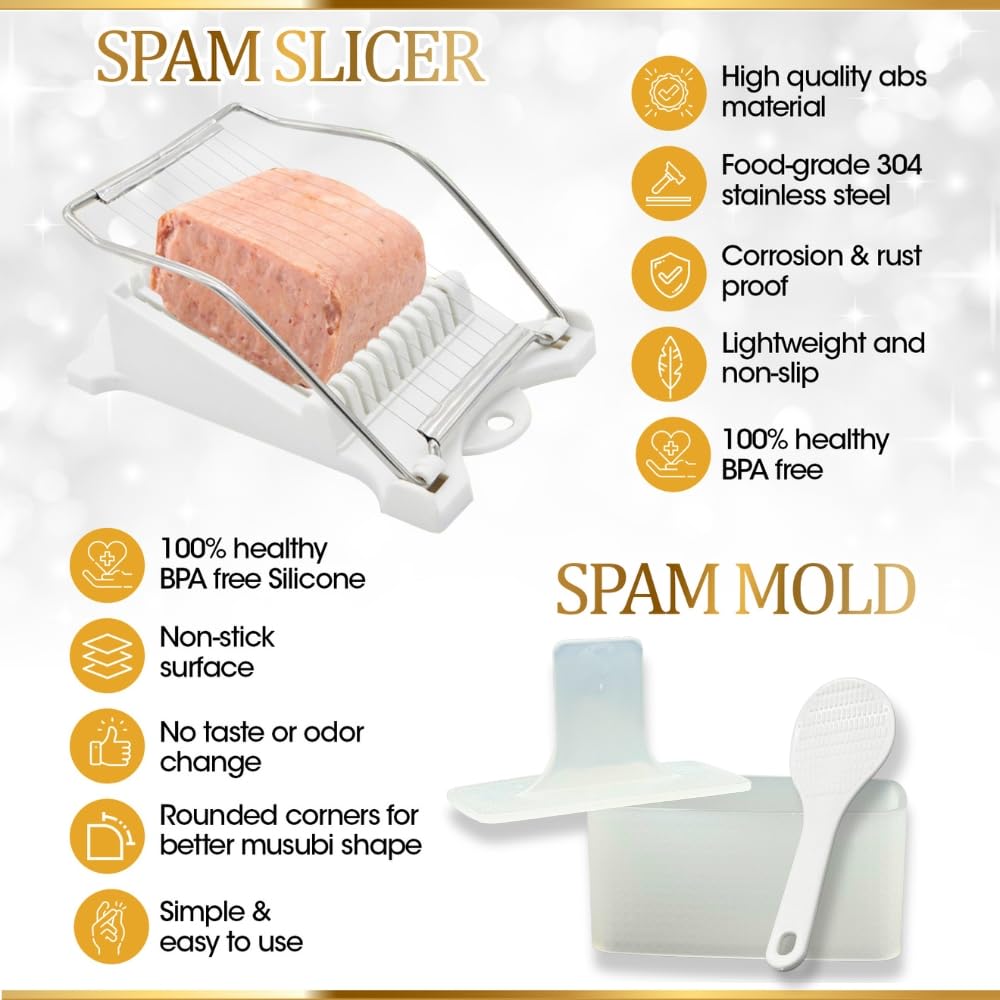 Kit de moldes Musubi (paquete de 7) con prensa Musubi, paleta de arroz, cortador de spam, spam bajo en sodio, arroz, envoltura de algas marinas y