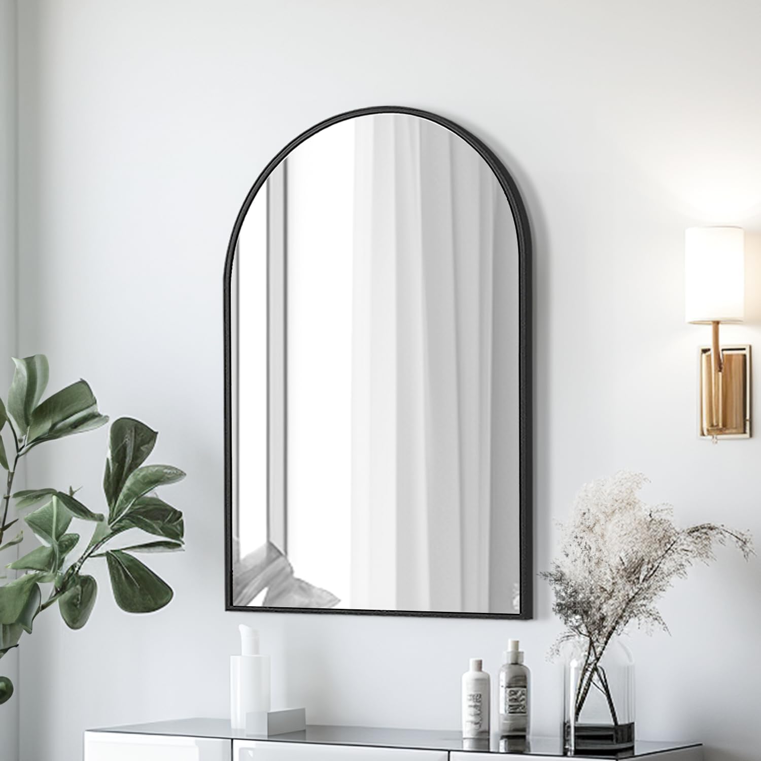 Espejo de pared arqueado, 30 x 20 pulgadas, espejo negro arco para tocador de baño, sala de estar o dormitorio, entrada, espejo de pared con arco