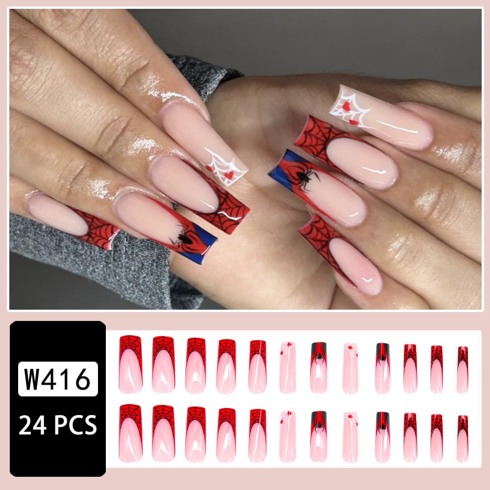Uñas postizas largas a presión para Halloween, con diseño de telaraña, color negro, punta francesa, color rojo, cobertura completa, para Halloween,