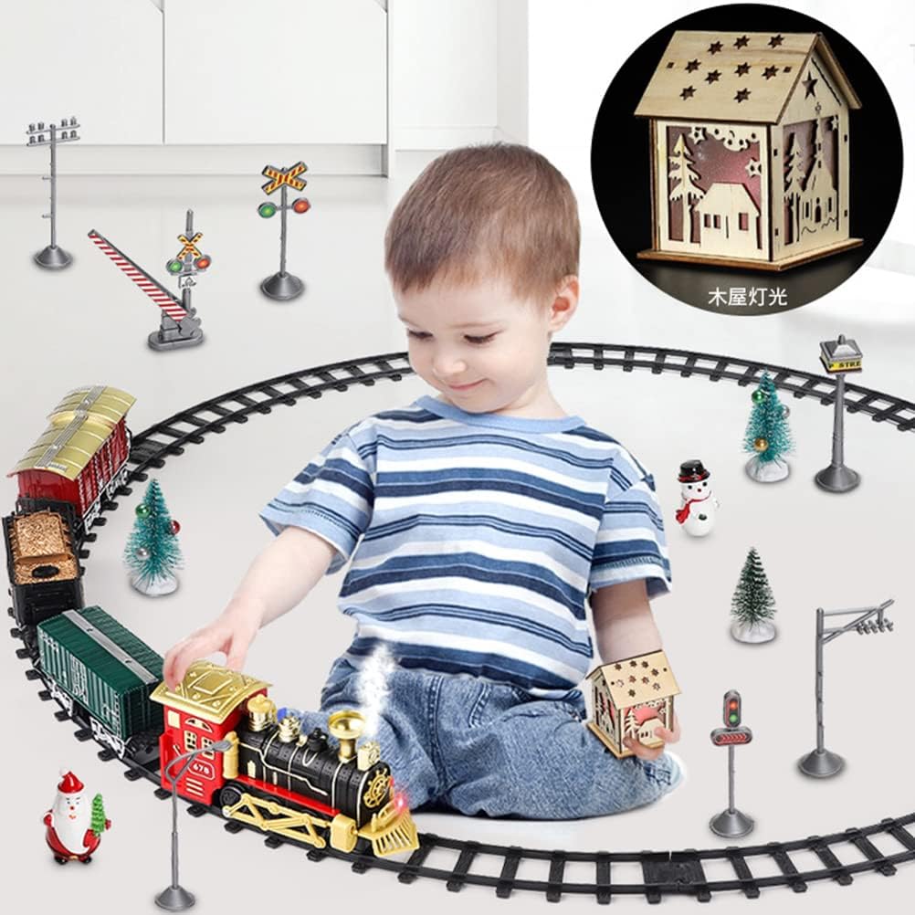 Juegos de tren de Navidad para debajo del árbol, tren de locomotora de vapor eléctrico con luces, música, funciona con pilas, juego para niños y