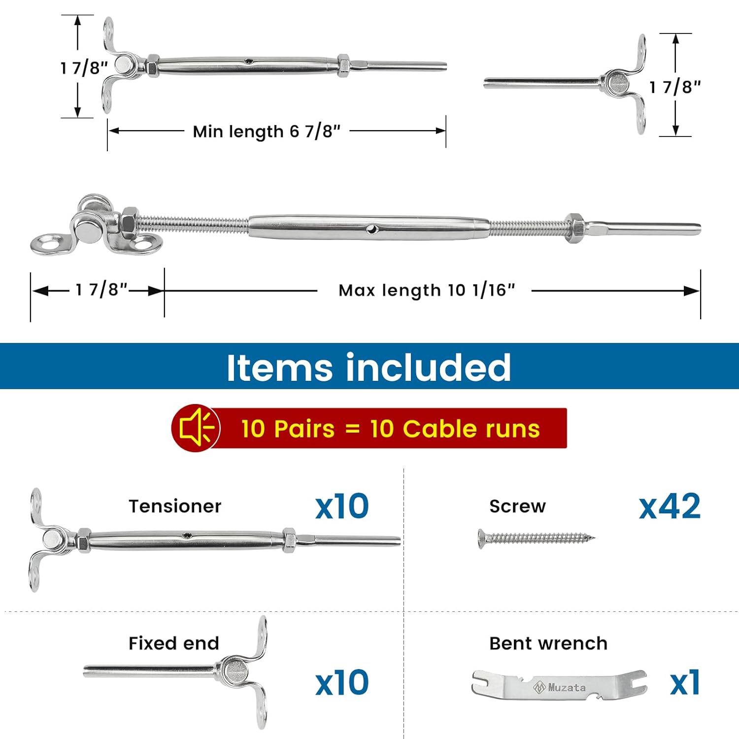 Muzata Kit de barandillas de cable de 18 pulgadas, accesorios de tensor de palanca de ajuste de acero inoxidable T316 para poste de madera, ángulo