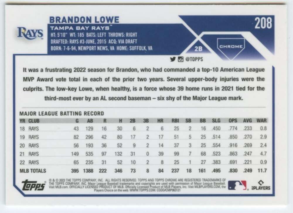 2023 Topps Chrome #208 Brandon Lowe NM-MT Tampa Bay Rays Baseball Trading Card