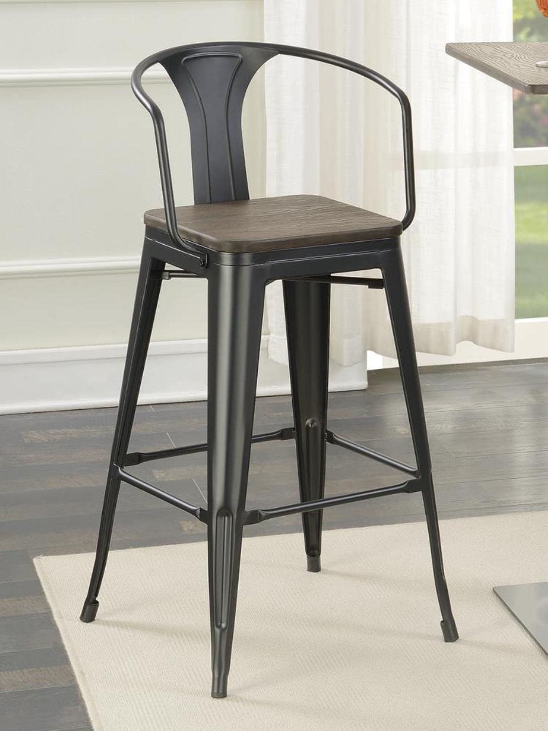 Coaster Home Furnishings Tolix – Taburete de bar industrial de 30 pulgadas con respaldo medio, taburete de bar de bambú sólido con marco de metal,