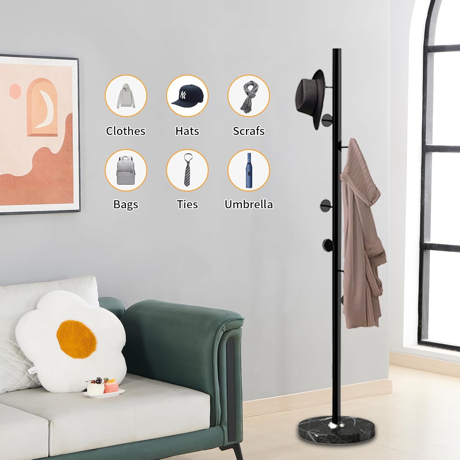 Perchero de metal independiente, resistente perchero con base de mármol natural, perchero para sombreros de árbol para entrada, pasillo, dormitorio