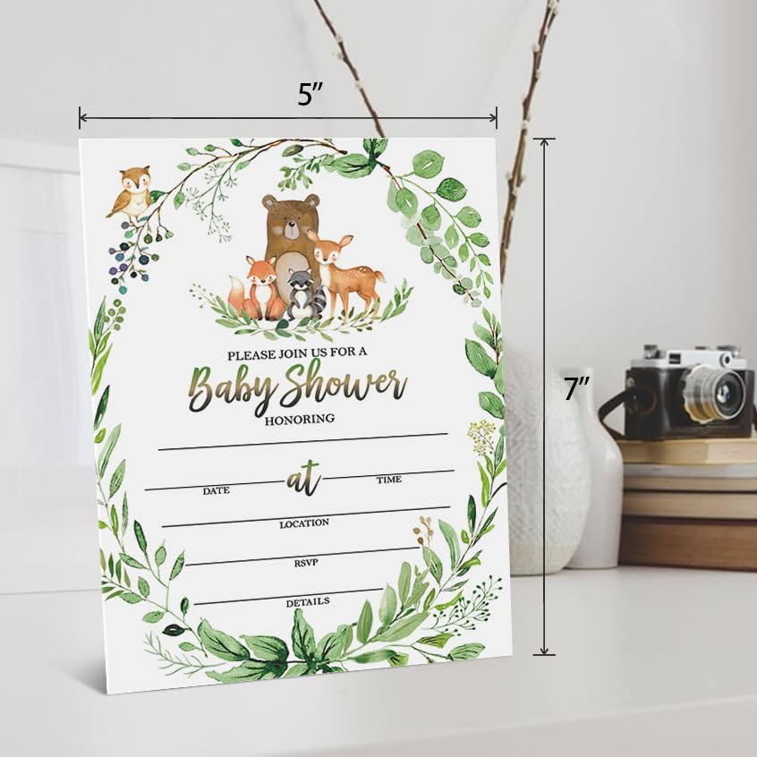 25 invitaciones para baby shower de bosque con sobres, boletos para rifas de pañales y tarjetas de solicitud de libros, calcomanías de animales del