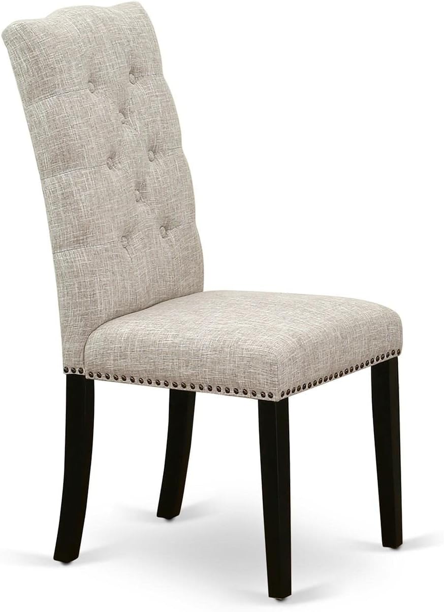 East West Furniture ELP6T35 Elsa Parson – Juego de 2 sillas acolchadas de tela de lino con ribete de clavos y botones copetudos, color negro
