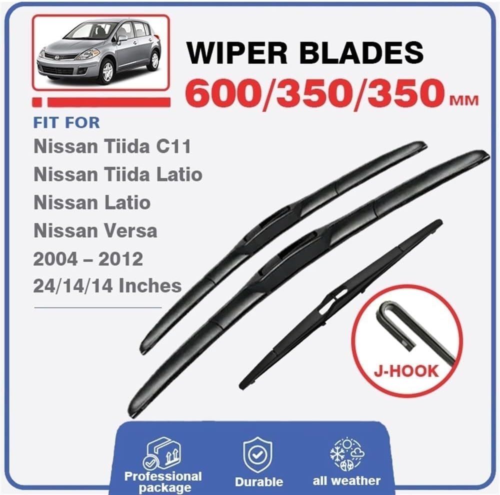 Limpiaparabrisas compatible con Nissan TIIDA C11 2004-2012 Latio Versa de 24 + 14 + 14 pulgadas para parabrisas delantero y trasero de automóvil,