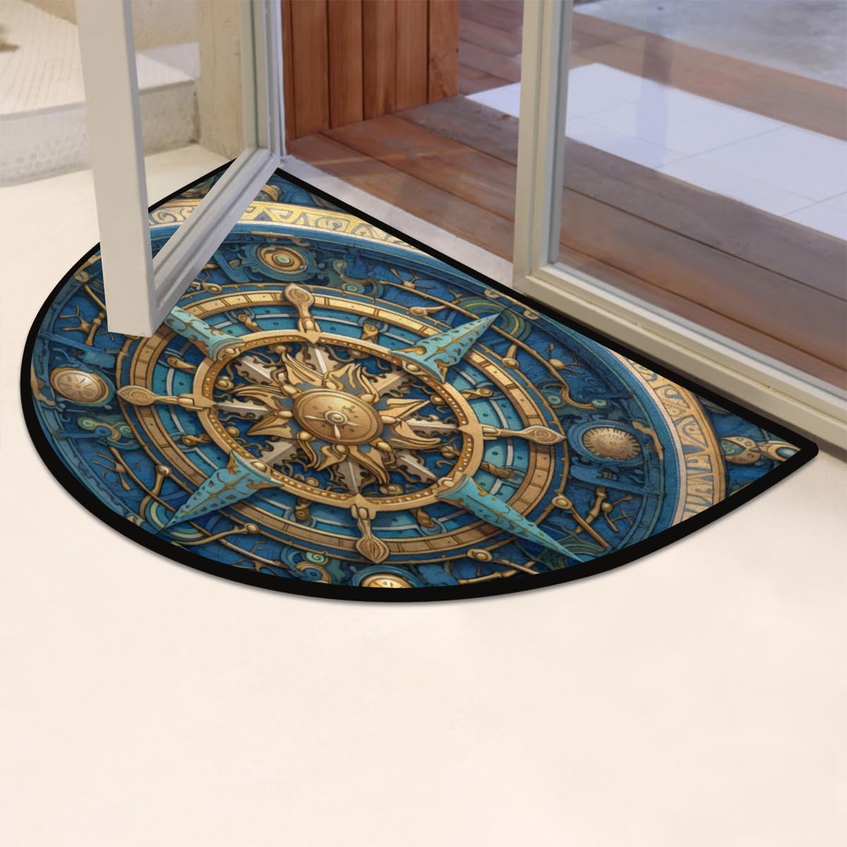 Tapete semicircular, con brújula náutica, antideslizante, de medio círculo, con brújula azul, rosa, lavable, duradero, decoración del hogar,