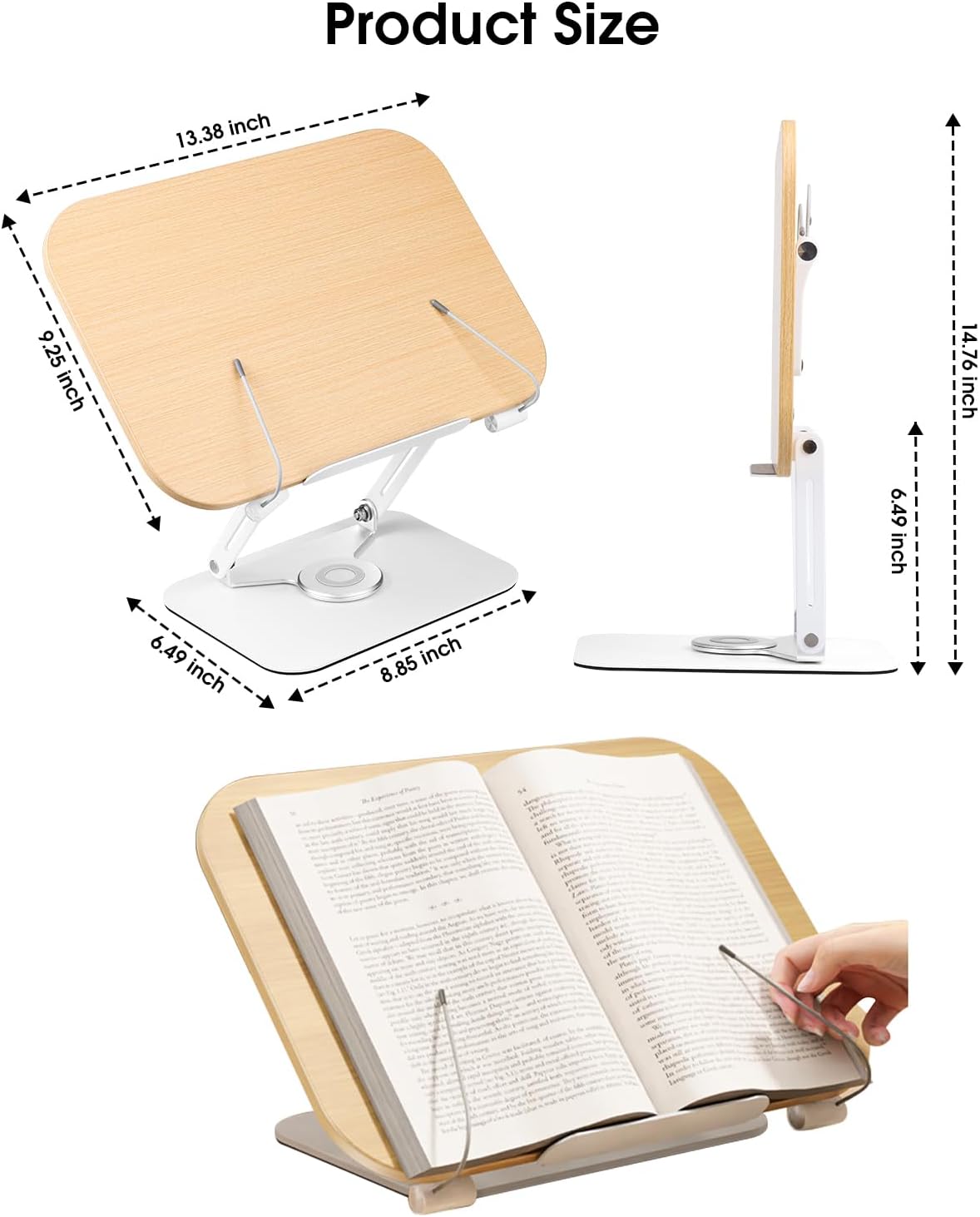 Soporte para libros, soporte para leer manos libres, soporte de escritorio ajustable con base giratoria de 360 grados y clips de página, soporte