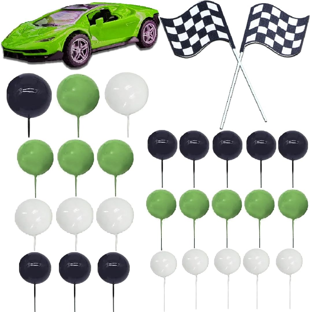 30 adornos para tartas de autos de carreras, bandera a cuadros, decoración de cumpleaños con bolas verdes, negras y blancas, bandera a cuadros para