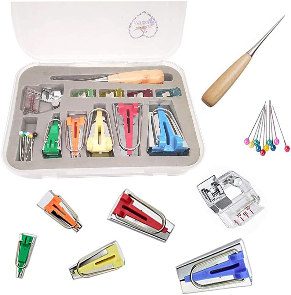 HONEYSEW Kits de cinta al bies para todos los 5 tamaños, 0.236 in, 0.354 in, 0.472 in, 0.709 in, 0.984 in, clips para manualidades, pasador de punzón