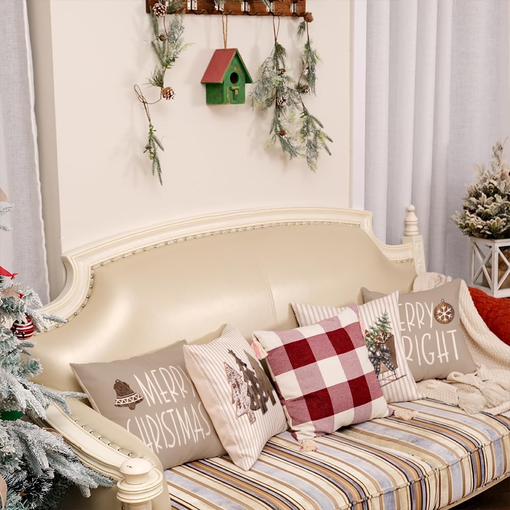 Juego de 4 fundas de almohada de Navidad de 18 x 18 pulgadas, diseño de árbol de madera a rayas, trineo de nieve, decoración de Navidad, decoración