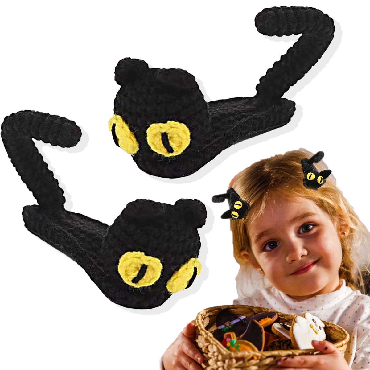 2 pinzas para el pelo de gato negro para la cabeza, accesorios de Halloween para mujeres, niños y niñas, gato negro, decoración de Halloween,
