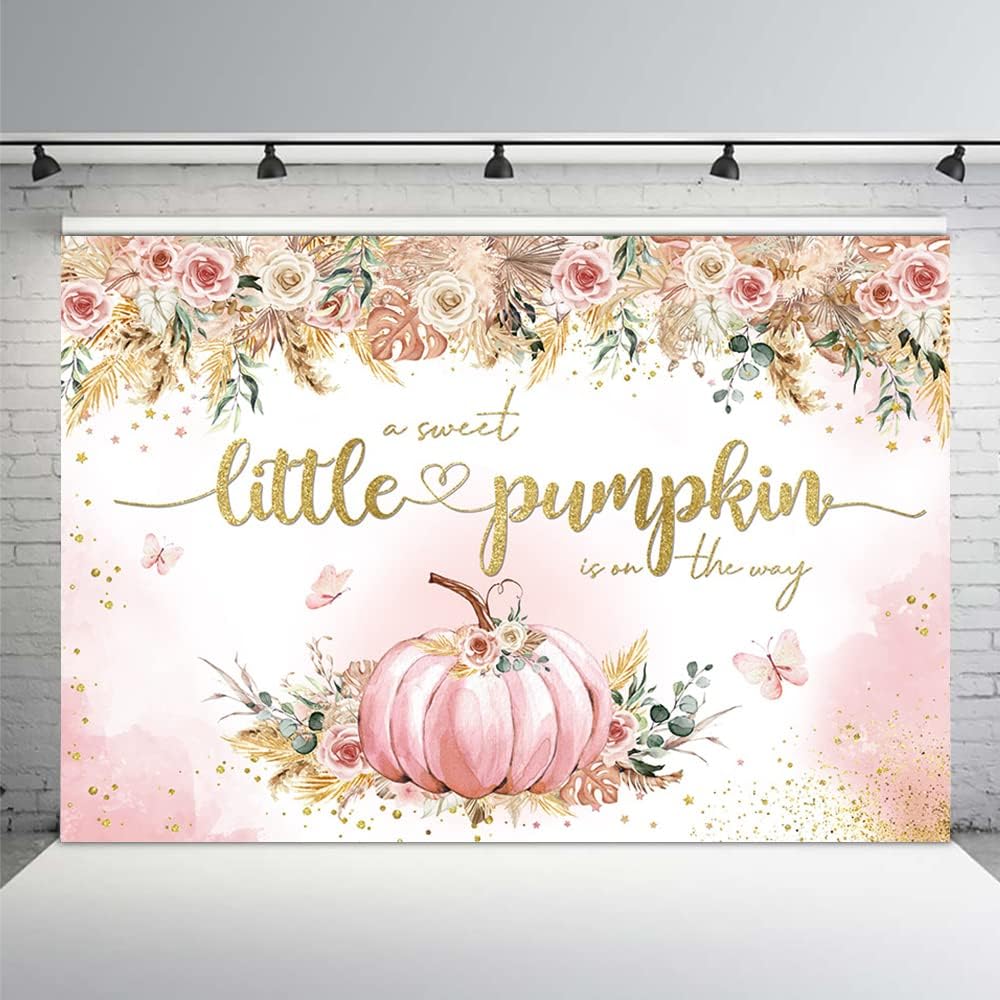 MEHOFOND Telón de fondo bohemio de calabaza de otoño de 7 x 5 pies para niñas, diseño floral rosa con texto en inglés “A Sweet Little Pumpkin Is On