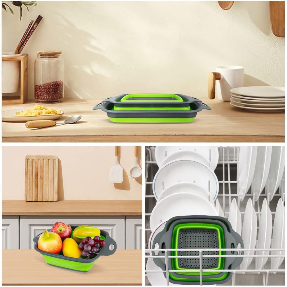 AUAUY Juego de 2 coladores plegables, colador plegable cuadrado de silicona con asas de plástico, colador de cocina ecológico con agujeros grandes