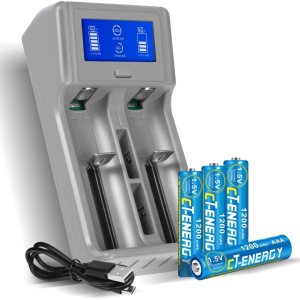 Cargador de batería inteligente LCD con pilas AAA recargables, paquete de 4, batería triple AAA recargable de litio de 1.5 V, 1200 mWh, recargable Cargador de batería inteligente LCD con pilas AAA recargables, paquete de 4, batería triple AAA recargable de litio de 1.5 V, 1200 mWh, recargable