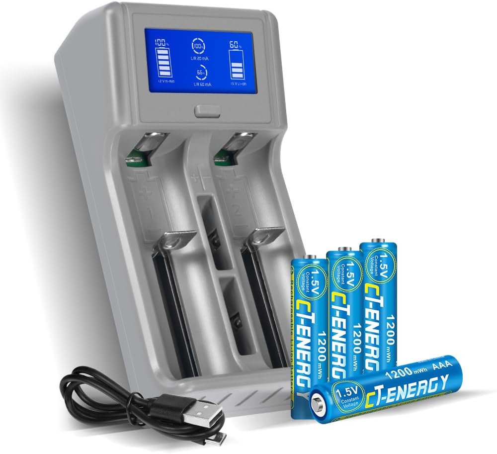 Cargador de batería inteligente LCD con pilas AAA recargables, paquete de 4, batería triple AAA recargable de litio de 1.5 V, 1200 mWh, recargable