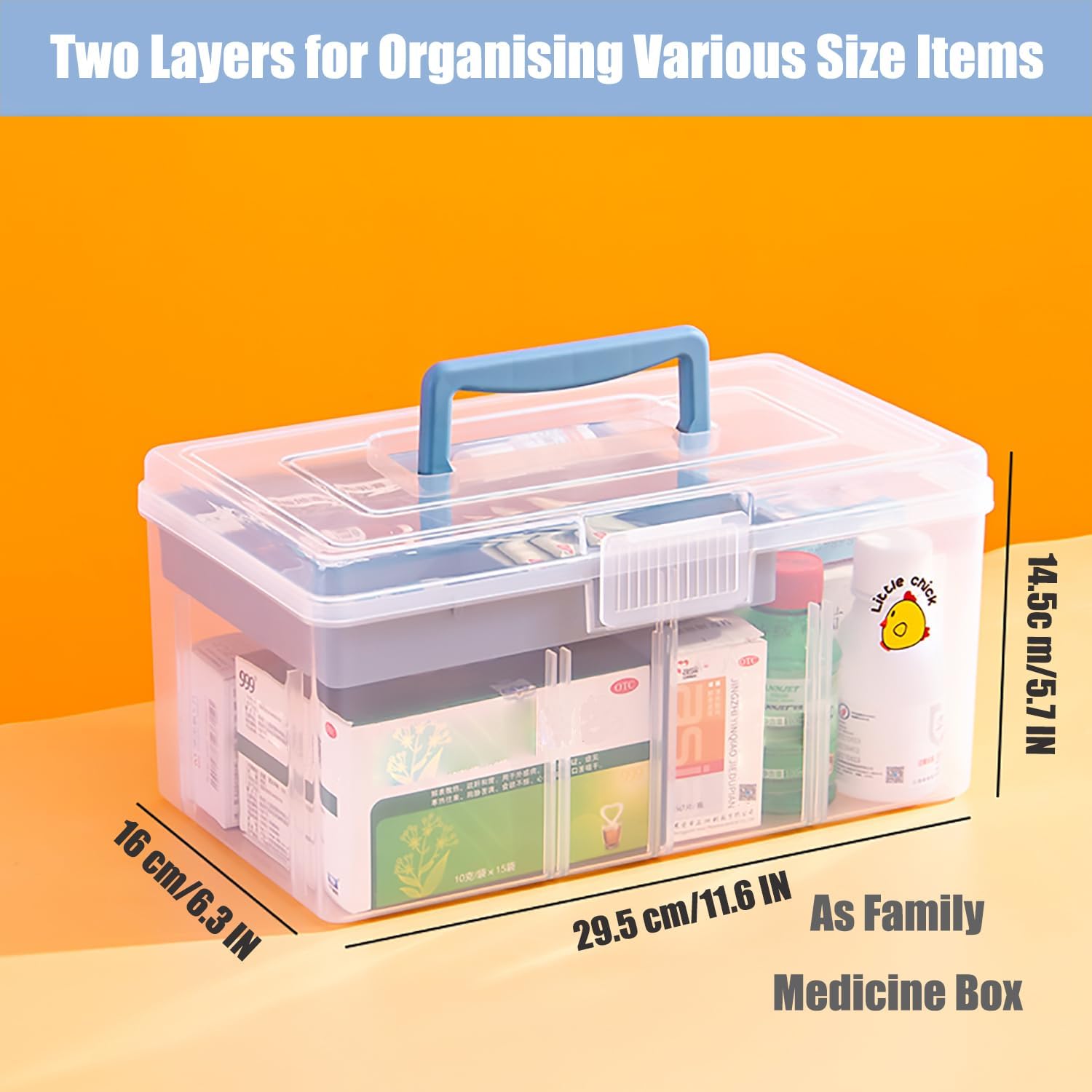 Caja organizadora de suministros de plástico transparente para artes y manualidades, caja grande con una bandeja extraíble, una partición y asa,