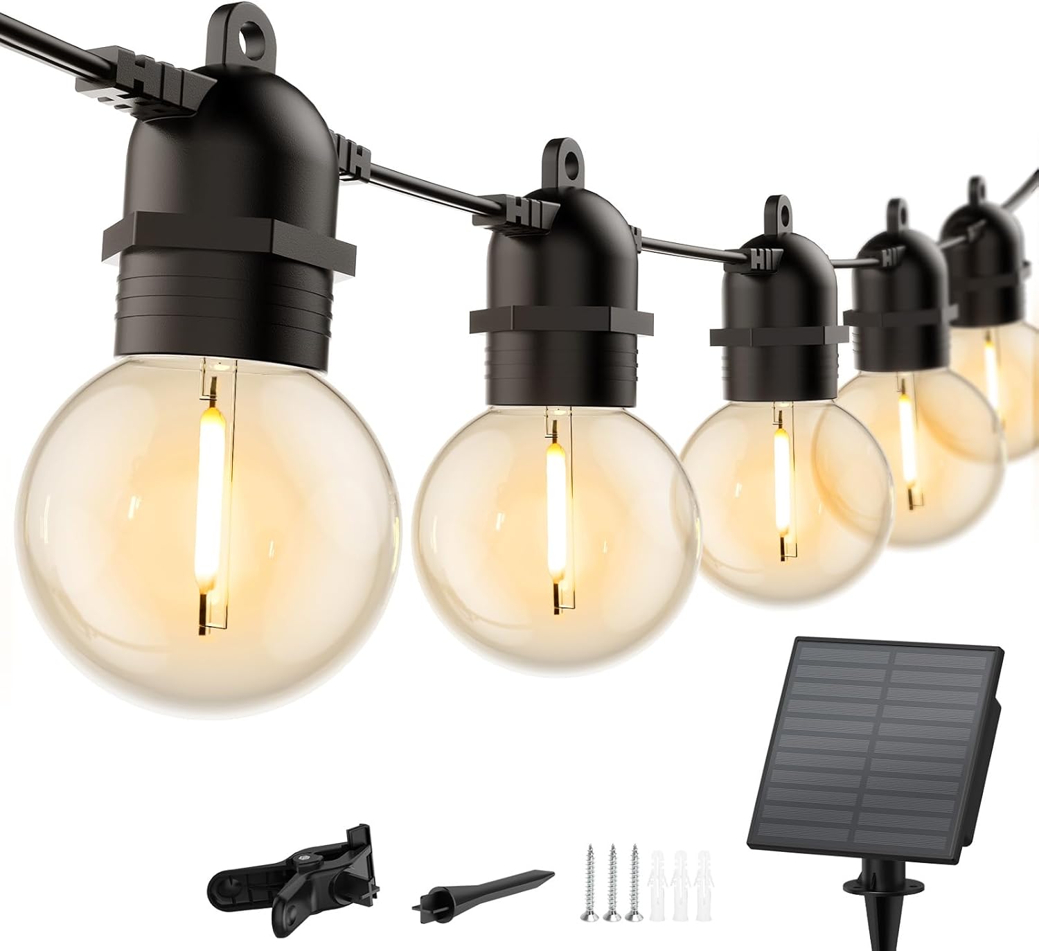 Brightown Tira de luces solares para exteriores de 34 pies  LED G40 Pro Globe Patio ahorro de energía con 11 bombillas inastillables, 3 modos de