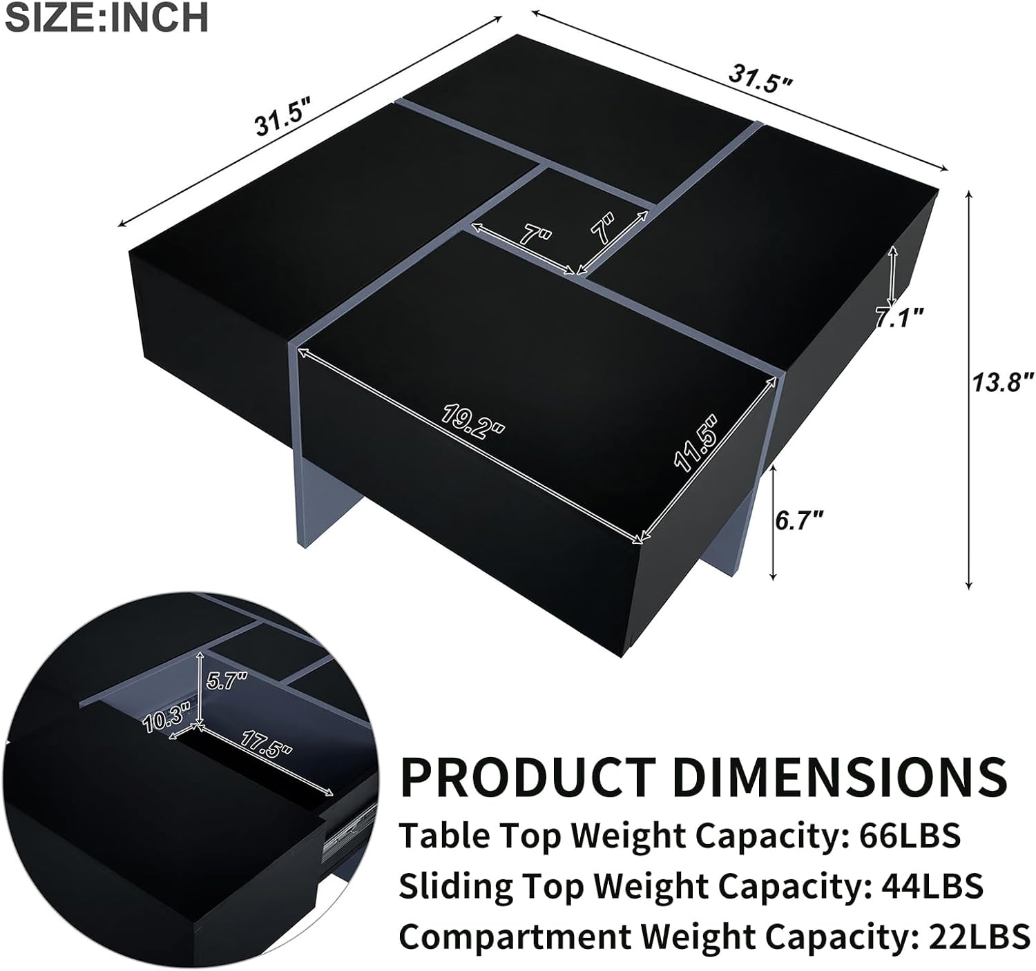 LETESA Mesa auxiliar con 4 compartimentos de almacenamiento ocultos, mesa central extraíble, mesa de cóctel cuadrada con mesa deslizante extensible,