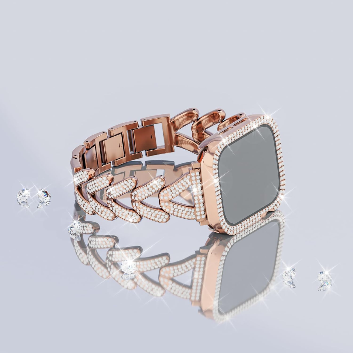 Correa de metal compatible con Apple Watch de 1.49, 1.57, 1.61, 1.65, 1.73, 1.77 y 1.77 pulgadas, elegante correa de repuesto con diamantes de