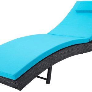 SOLAURA Tumbona de patio para exteriores ajustable, silla reclinable de mimbre negra para todo tipo de clima y sofá con cojín grueso azul y cama SOLAURA Tumbona de patio para exteriores ajustable, silla reclinable de mimbre negra para todo tipo de clima y sofá con cojín grueso azul y cama