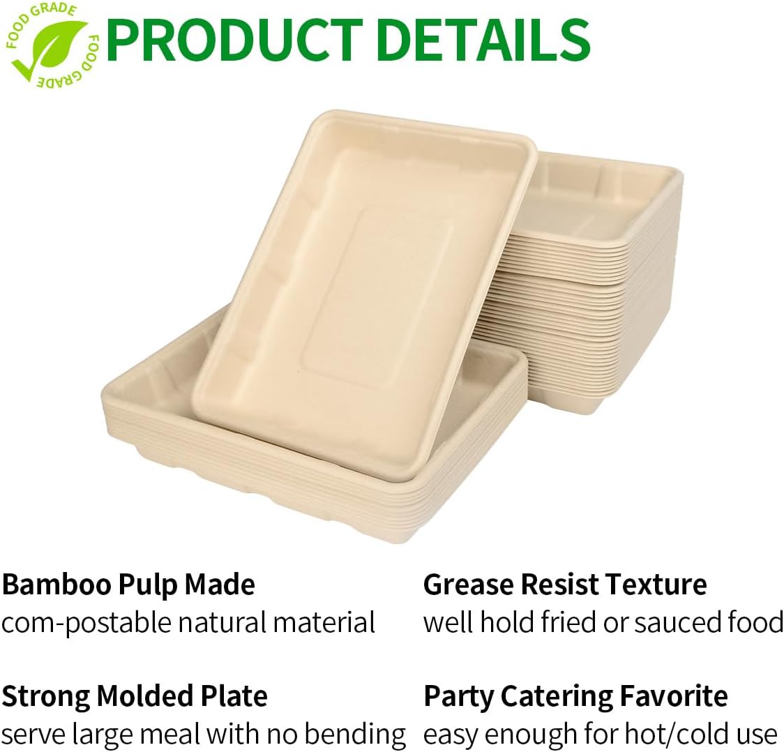Paquete de 50 platos de papel rectangulares de 9 x 7 pulgadas de profundidad, platos de pulpa de bambú compostables para tacos, perritos calientes,