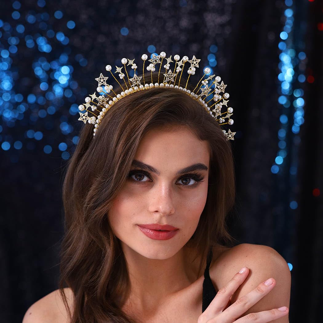 Urieo Corona con halo de estrellas, perlas doradas, diadema de diosa, tiara fina de cristal, accesorios para el cabello hechos a mano para mujeres