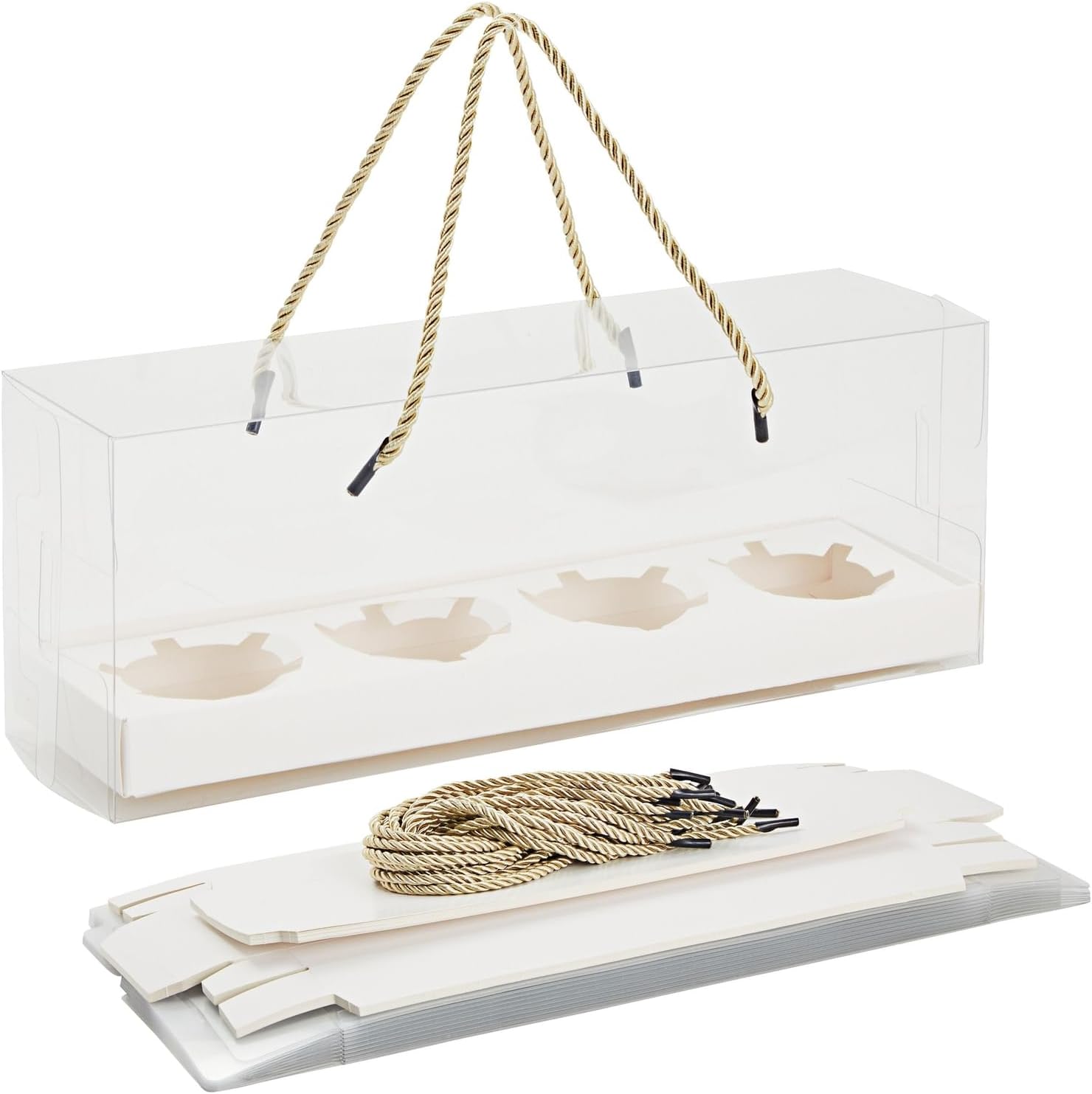 Sparkle and Bash Cajas transparentes para cupcakes con mango de cuerda dorada e inserciones blancas, 4 compartimentos (12.7 x 4.7 x 3.6 pulgadas),