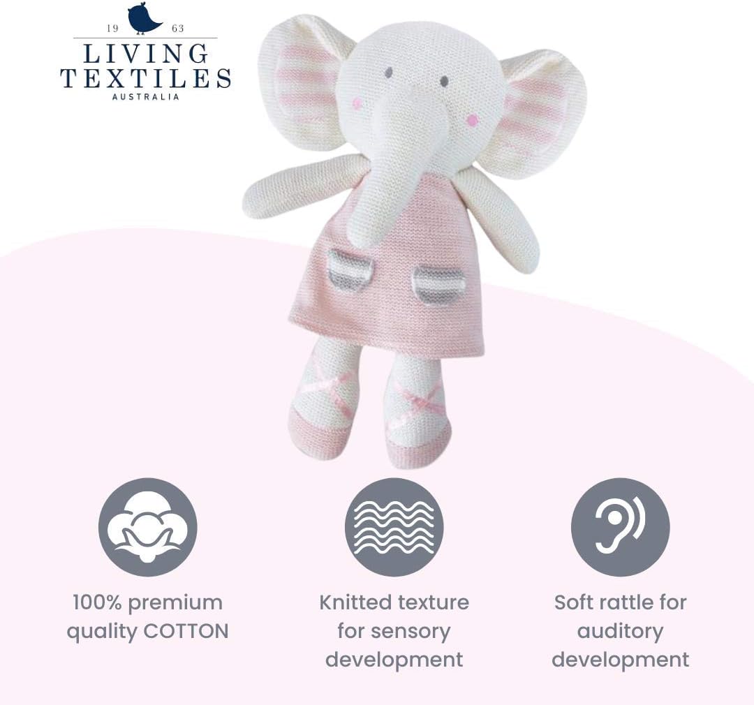 Living Textiles Juguete de peluche (Amelia Elephant). Juguete de peluche de punto con sonajero.