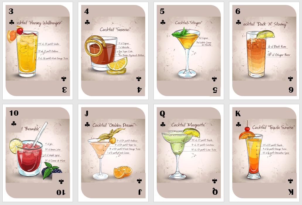 Naipes para beber. Naipes con recetas de cócteles. Naipes de fiesta. Naipes estándar. Cartas de póquer. Cartas de puente.